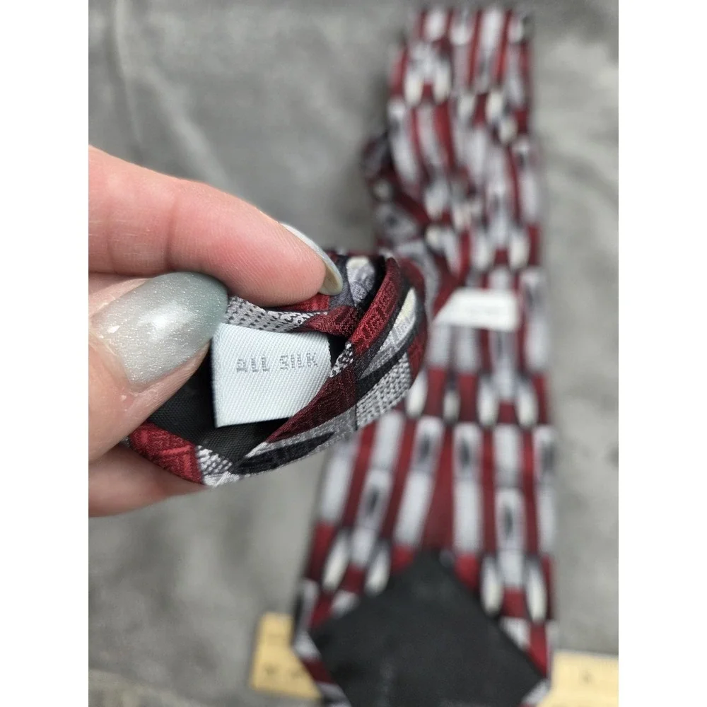 Pierre Cardin Silk Tie Retro Red Black‎ Silver Geometric